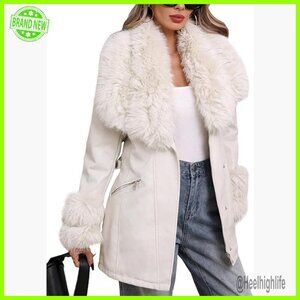 Faux Leather Jacket with Fur Collar, Belted, Water Resistant, Winter Coat